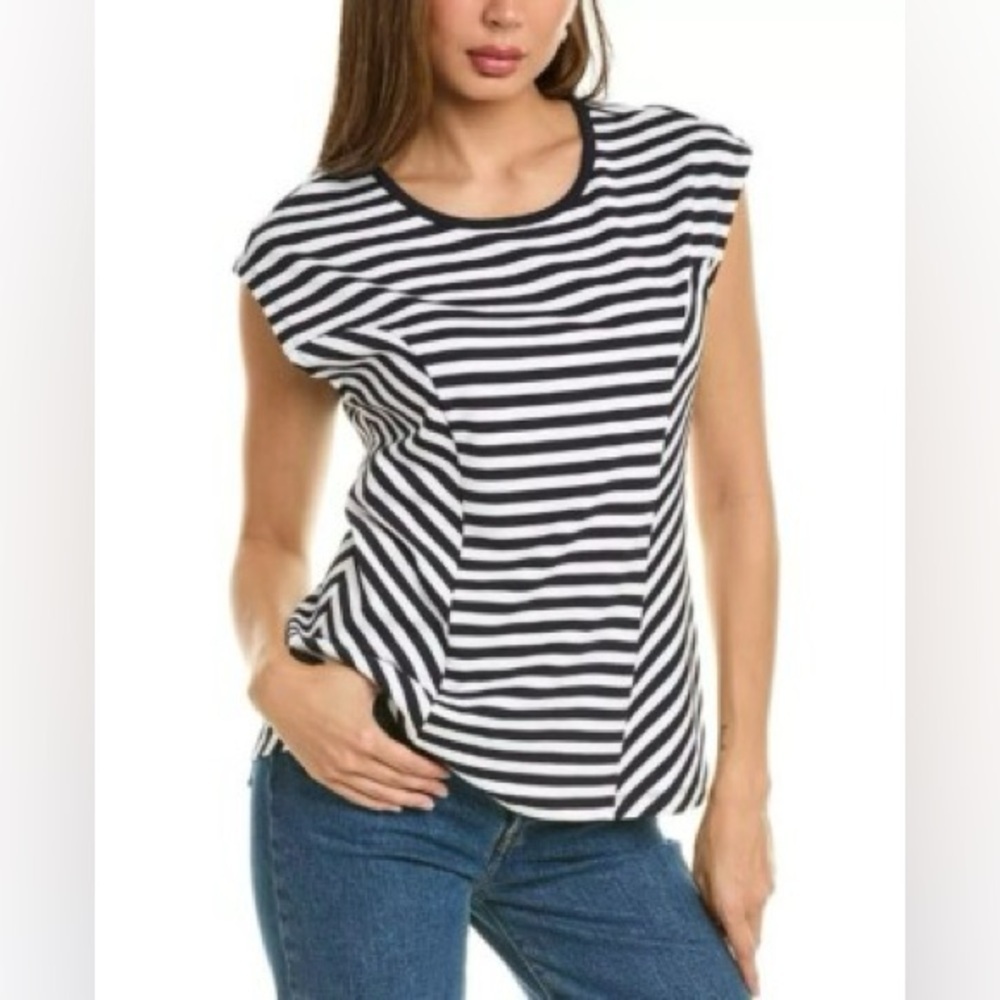 EUC CAbi Illusion Black White Striped Blouse Top size XS